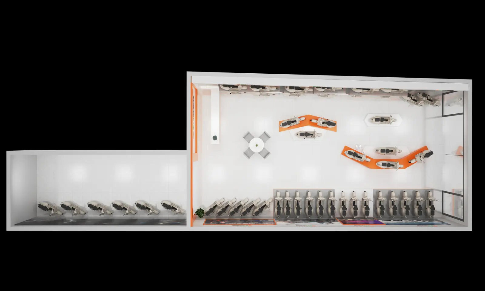 3D design visualisation: Overhead layout and display zones.