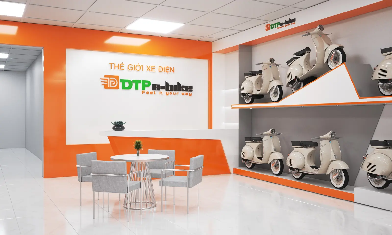 3D design visualisation: Reception, consultation seating and DTP-Ebike branding.
