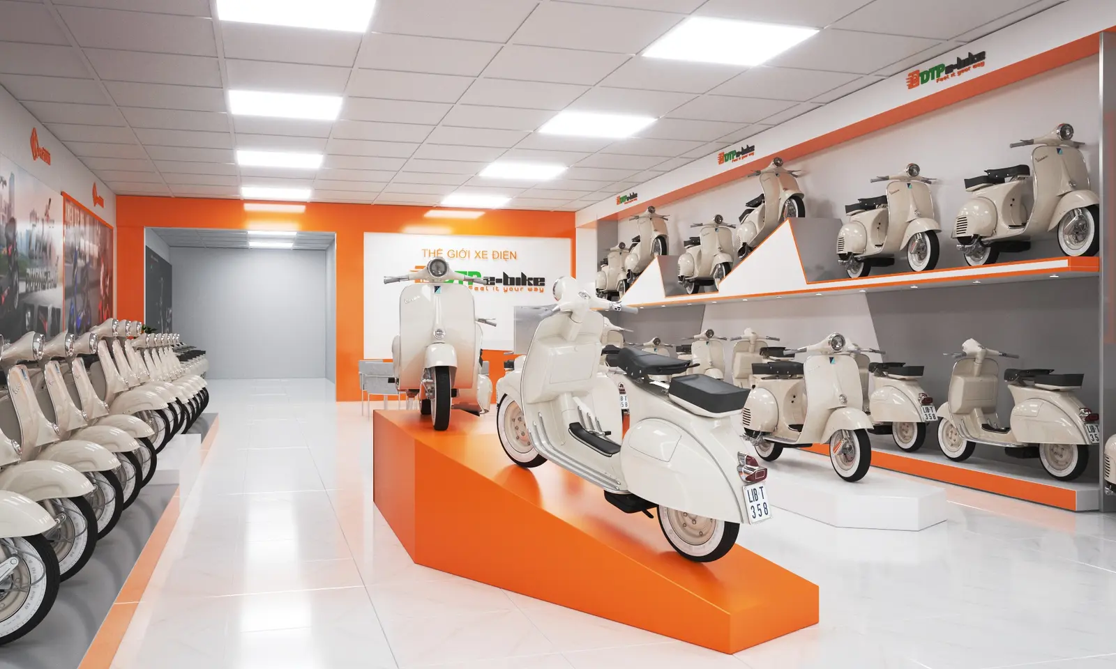 3D design visualisation: Central display and shelving along both sides.