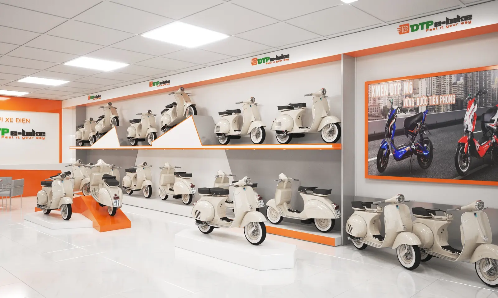 3D design visualisation: Display system with branding and product posters.